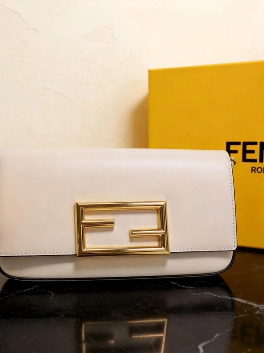 Fendi Cream Leather Shoulder Bag with Gold Chain and Logo Buckle